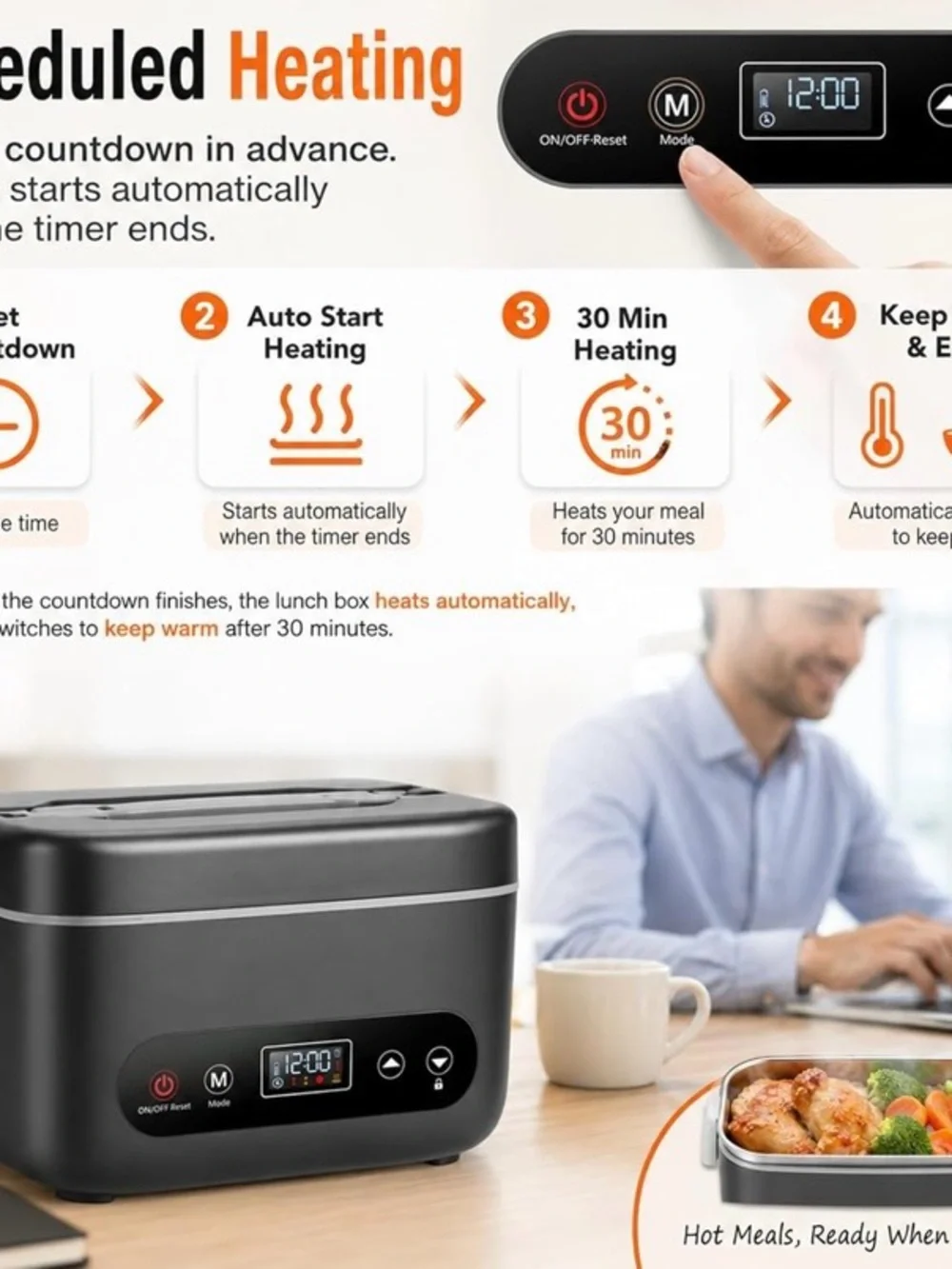 NEW - Heated Lunch Box for Adults, 1.2L Self-Heating Food Warmer, Black Cordless